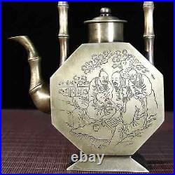 Chinese Pure Copper Carved Landscape Figure Bamboo Joint Handle Teapot Wine Pot