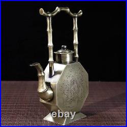 Chinese Pure Copper Carved Landscape Figure Bamboo Joint Handle Teapot Wine Pot