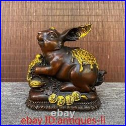 Chinese Pure Copper Gilded Treasure Pot Rabbit Ornament Statue