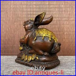 Chinese Pure Copper Gilded Treasure Pot Rabbit Ornament Statue