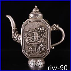 Chinese antique Qing Dynasty Pure copper Inlaid gem Silver gilding pot