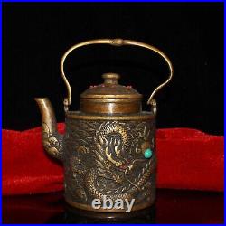 Collect Chinese old pure copper inlaid gem dragon statue wine pot decoration