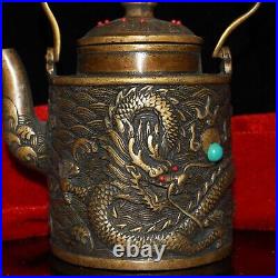 Collect Chinese old pure copper inlaid gem dragon statue wine pot decoration