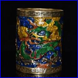 Collect Chinese pure copper gilt Cloisonne hand painting dragon patternbrush pot