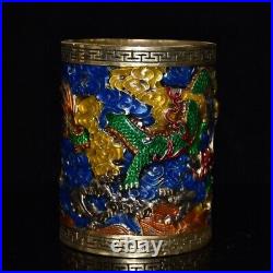 Collect Chinese pure copper gilt Cloisonne hand painting dragon patternbrush pot