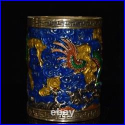 Collect Chinese pure copper gilt Cloisonne hand painting dragon patternbrush pot