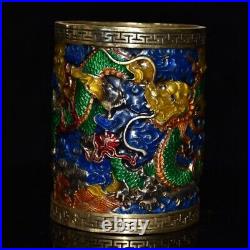 Collect Chinese pure copper gilt Cloisonne hand painting dragon patternbrush pot