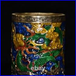 Collect Chinese pure copper gilt Cloisonne hand painting dragon patternbrush pot