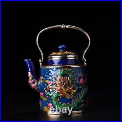 Collect Exquisite Pure copper Cloisonne carving dragon statue Portable tea pot
