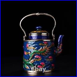 Collect Exquisite Pure copper Cloisonne carving dragon statue Portable tea pot