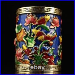 Collection Chinese Pure Copper Cloisonne Exquisite Lotus Fish Statue Brush Pot