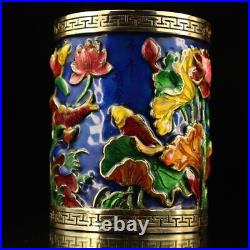 Collection Chinese Pure Copper Cloisonne Exquisite Lotus Fish Statue Brush Pot