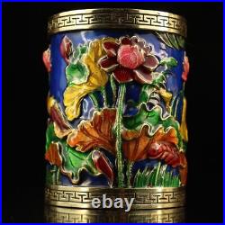 Collection Chinese Pure Copper Cloisonne Exquisite Lotus Fish Statue Brush Pot