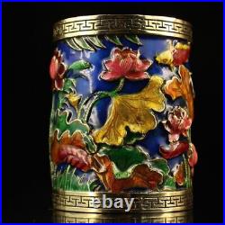 Collection Chinese Pure Copper Cloisonne Exquisite Lotus Fish Statue Brush Pot