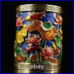 Collection Chinese Pure Copper Cloisonne Exquisite Lotus Fish Statue Brush Pot