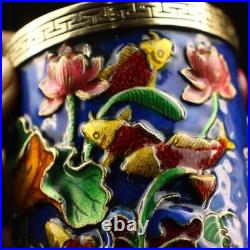 Collection Chinese Pure Copper Cloisonne Exquisite Lotus Fish Statue Brush Pot