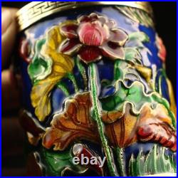 Collection Chinese Pure Copper Cloisonne Exquisite Lotus Fish Statue Brush Pot