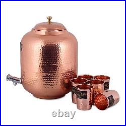 Copper Water Dispenser Container Pot 5LTR Matka Pure Copper 5 Tumbler