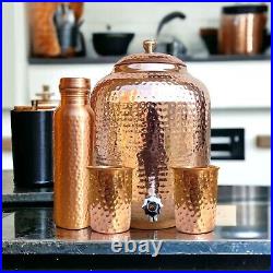 Handmade 100% Pure Copper Dispenser Water Pitcher Pot 16L With 2 Glass 1 Bottle
