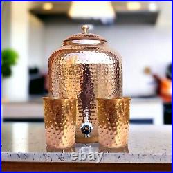 Handmade 100% Pure Copper Dispenser Water Pitcher Pot 16L With 2 Serving Glass