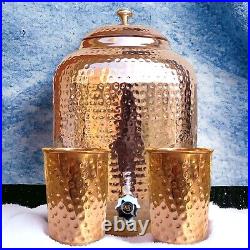 Handmade 100% Pure Copper Dispenser Water Pitcher Pot 8L With 2 Serving Glass