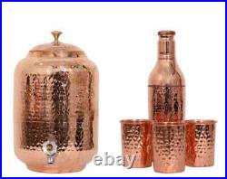 Handmade Hand Hammered Pure Copper Water Dispenser Pot 8Ltr Tank 3Glasss 1Bottle