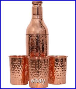 Handmade Hand Hammered Pure Copper Water Dispenser Pot 8Ltr Tank 3Glasss 1Bottle