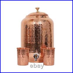 Handmade Pure Copper Hammered Pure Copper Water Dispenser Pot 4Ltr Tank 2 Bottle