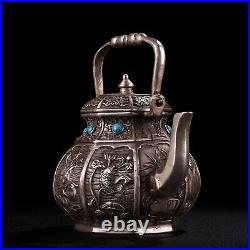 Handmade Pure Copper Inlaid Gemstone Wine Pot in Chinese Folk Collection