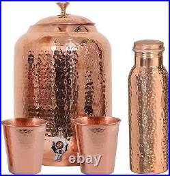 Handmade Pure copper drinkware water 8L dispenser pot hammered Bottle & 2 Glass