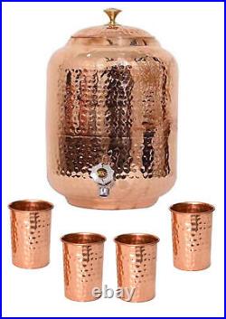 Indian Handmade Hammered Pure Copper Water Dispenser Pot 8 Liter with 4 tumbler