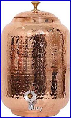 Indian Handmade Hammered Pure Copper Water Dispenser Pot 8 Liter with 4 tumbler