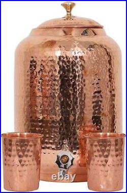 Indian Handmade Hand Hammered Pure Copper Water Dispenser Pot 4 Liter, 2Tumbler