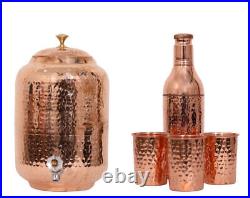 Indian Handmade Hand Hammered Pure Copper Water Dispenser Pot 4 Ltr Tank 3Glasss