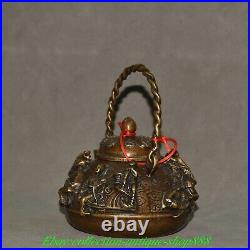 Marked Old Chinese Pure Copper Eight Immortals 8 God Beast Wine Tea Pot Flagon