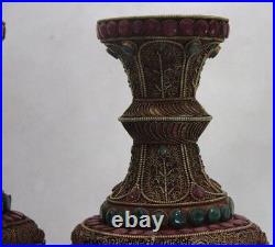 Nepal Handwork Pure Copper Gild Inlay Ruby beryl Gem Flower Pot Bottle Vase Pair