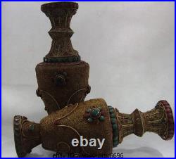 Nepal Handwork Pure Copper Gild Inlay Ruby beryl Gem Flower Pot Bottle Vase Pair
