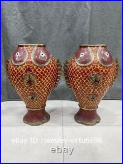 Palace Old Pure Copper Cloisonne Enamel Handmade Double Fish Jar Pot Vase Pair