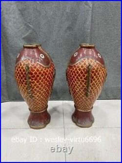 Palace Old Pure Copper Cloisonne Enamel Handmade Double Fish Jar Pot Vase Pair