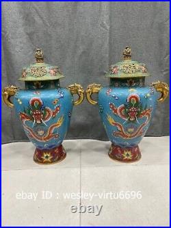 Palace Old Pure Copper Cloisonne Enamel Handmade Dragon Jar jug Pot Vase Pair