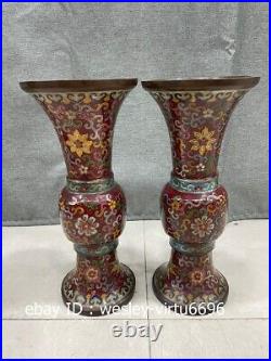 Palace Old Pure Copper Cloisonne Enamel Handmade Flower Goblet Pot Vase Pair