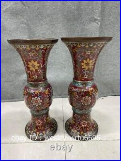 Palace Old Pure Copper Cloisonne Enamel Handmade Flower Goblet Pot Vase Pair