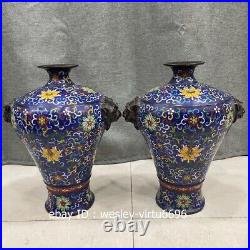 Palace Old Pure Copper Cloisonne Enamel Handmade Round Prunus vase Jar pot Pair