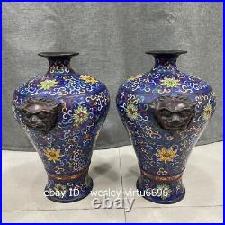 Palace Old Pure Copper Cloisonne Enamel Handmade Round Prunus vase Jar pot Pair