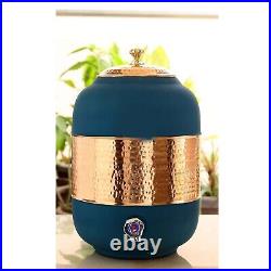 Pure Copper Half Hammered With Silk Finish Water Pot in Blue Color 8Ltr