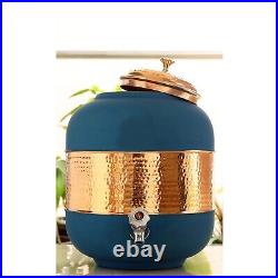 Pure Copper Half Hammered With Silk Finish Water Pot in Blue Color 8Ltr