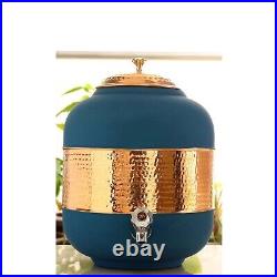 Pure Copper Half Hammered With Silk Finish Water Pot in Blue Color 8Ltr