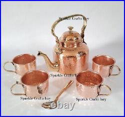Pure Copper Hammered Tea Pot Kettle With 6 Serving Tea Cups Set Coffee