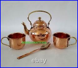 Pure Copper Hammered Tea Pot With 2 Serving Tea Cups Housewarming Gifts For Her