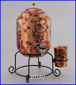 Pure Copper Printed Matka Water Dispenser 6 Ltr Copper Pot & 1 Glass And Stand